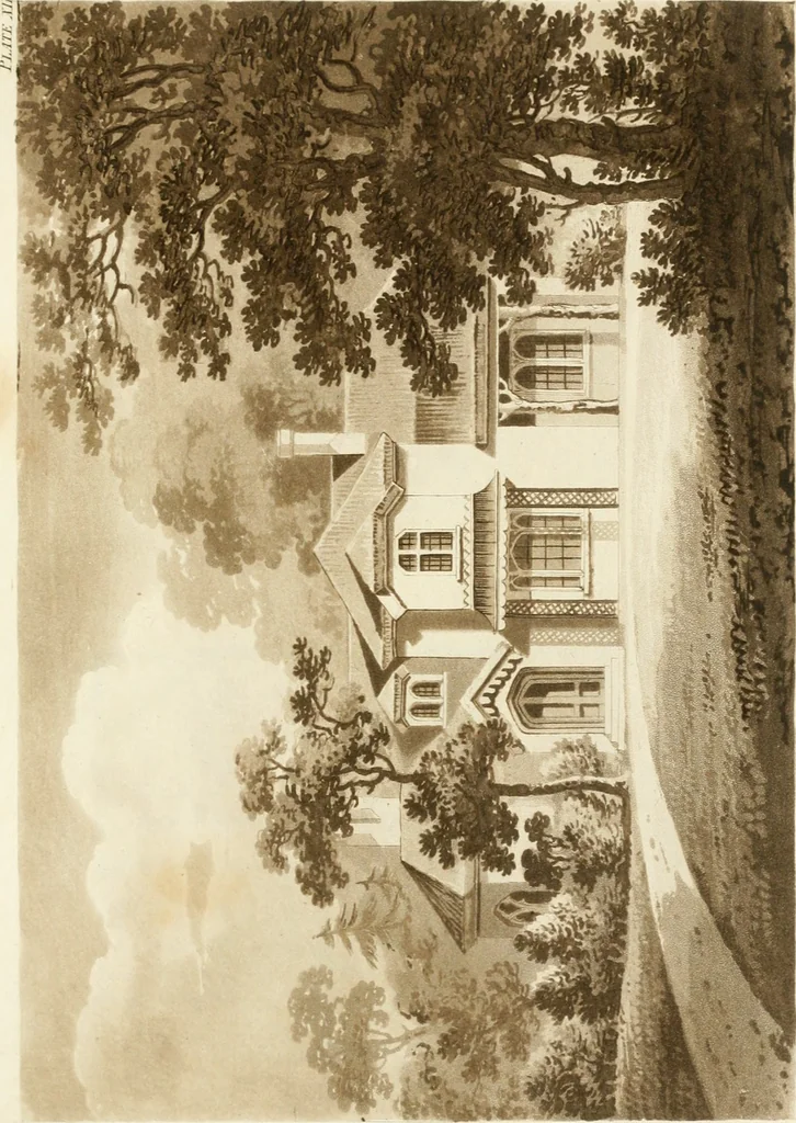 An illustration from Architectural sketches for cottages, rural dwellings, and villas, in the Grecian, Gothic, and fancy styles : with plans suitable to persons of genteel life and moderate fortune : preceded by some observations on scenery and character proper for picturesque buildings, 1805, leaf 58