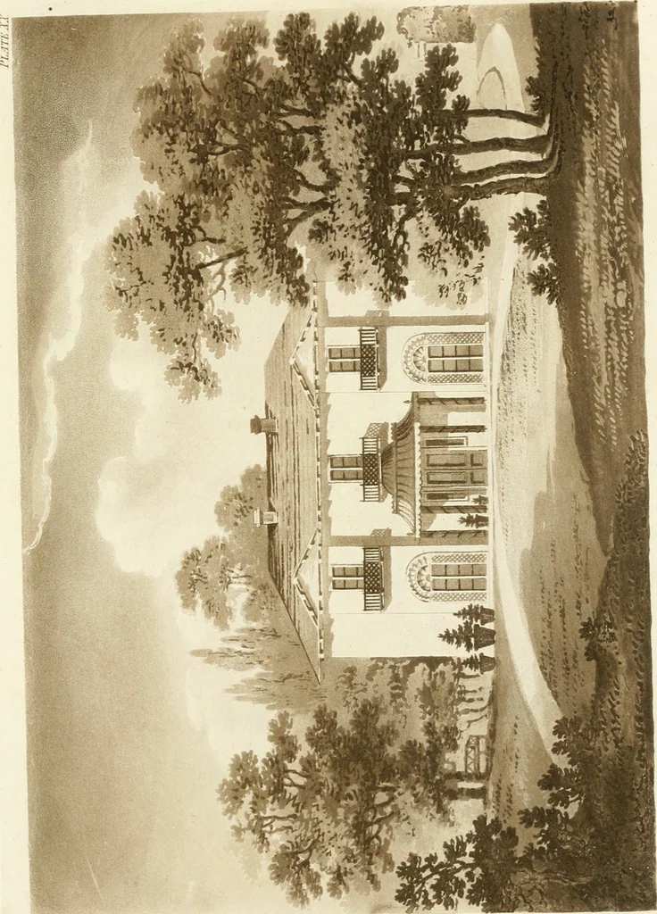 An illustration from Architectural sketches for cottages, rural dwellings, and villas, in the Grecian, Gothic, and fancy styles : with plans suitable to persons of genteel life and moderate fortune : preceded by some observations on scenery and character proper for picturesque buildings, 1805, leaf 74