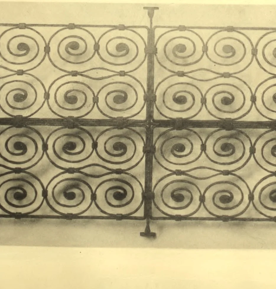 An illustration from Architectural wrought-iron, ancient and modern; a compilation of examples from various sources of German, Swiss, Italian, French, English and American iron-work from mediaeval times down to the present day, 1888, leaf 44