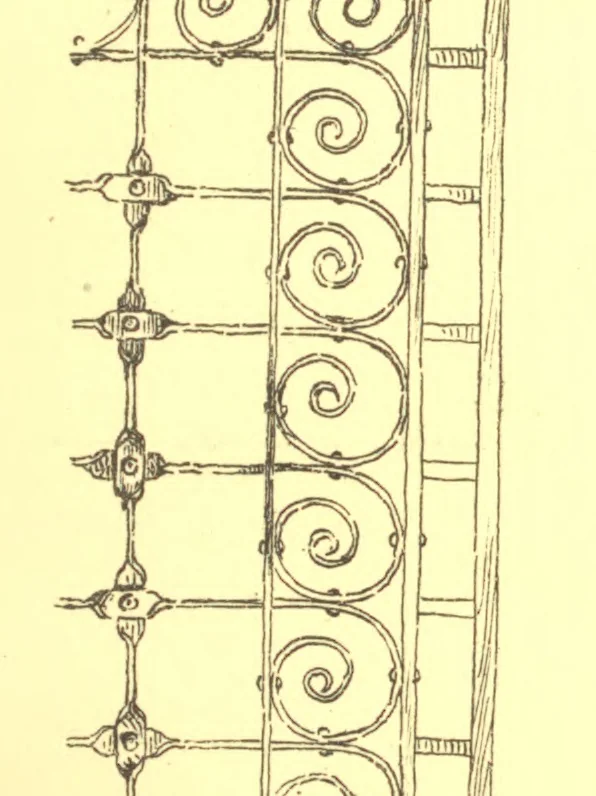 An illustration from Architectural wrought-iron, ancient and modern; a compilation of examples from various sources of German, Swiss, Italian, French, English and American iron-work from mediaeval times down to the present day, 1888, leaf 62