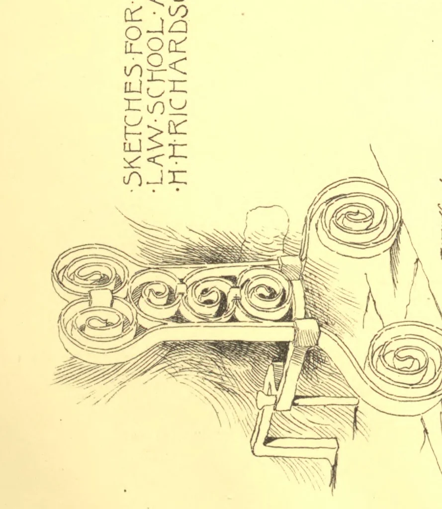 An illustration from Architectural wrought-iron, ancient and modern; a compilation of examples from various sources of German, Swiss, Italian, French, English and American iron-work from mediaeval times down to the present day, 1888, leaf 90
