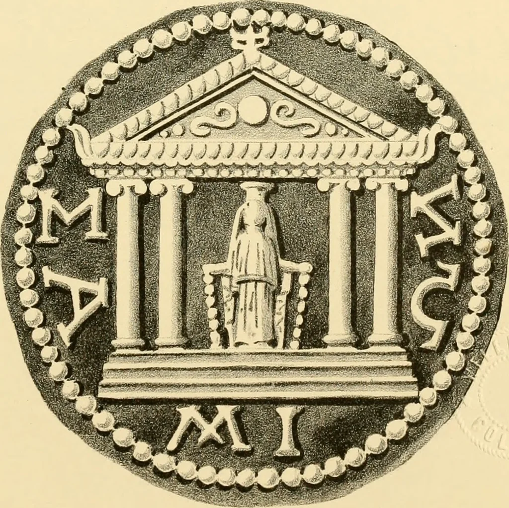 An illustration from Architectura numismatica; or, Architectural medals of classic antiquity: illustrated and explained by comparison with the monuments and the descriptions of ancient authors, and copious text. One hundred lithographs and woodcuts, 1859, leaf 150