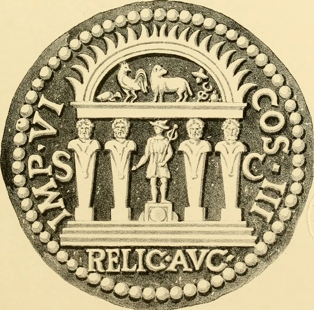An illustration from Architectura numismatica; or, Architectural medals of classic antiquity: illustrated and explained by comparison with the monuments and the descriptions of ancient authors, and copious text. One hundred lithographs and woodcuts, 1859, leaf 154