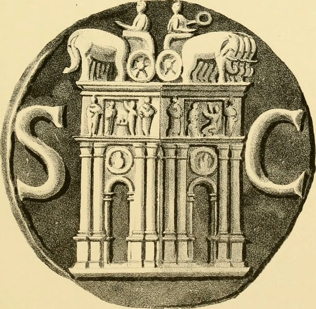 An illustration from Architectura numismatica; or, Architectural medals of classic antiquity: illustrated and explained by comparison with the monuments and the descriptions of ancient authors, and copious text. One hundred lithographs and woodcuts, 1859, leaf 322
