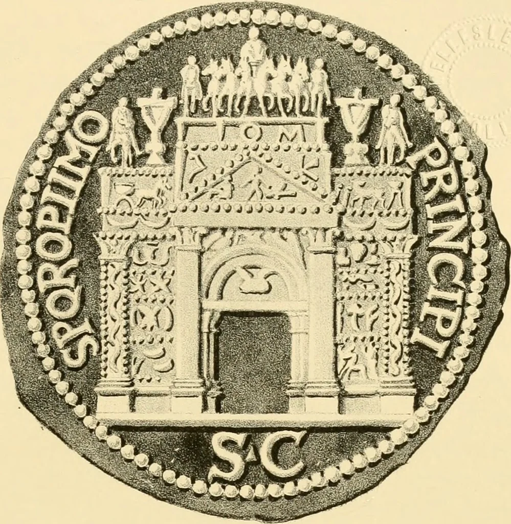 An illustration from Architectura numismatica; or, Architectural medals of classic antiquity: illustrated and explained by comparison with the monuments and the descriptions of ancient authors, and copious text. One hundred lithographs and woodcuts, 1859, leaf 330