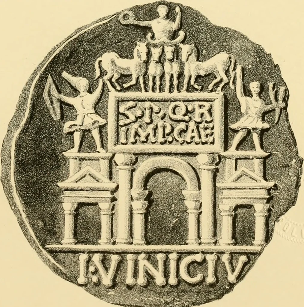 An illustration from Architectura numismatica; or, Architectural medals of classic antiquity: illustrated and explained by comparison with the monuments and the descriptions of ancient authors, and copious text. One hundred lithographs and woodcuts, 1859, leaf 330