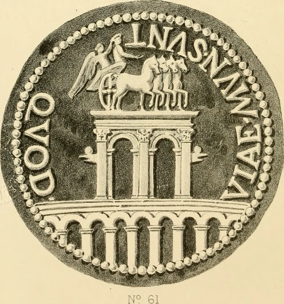 An illustration from Architectura numismatica; or, Architectural medals of classic antiquity: illustrated and explained by comparison with the monuments and the descriptions of ancient authors, and copious text. One hundred lithographs and woodcuts, 1859, leaf 339