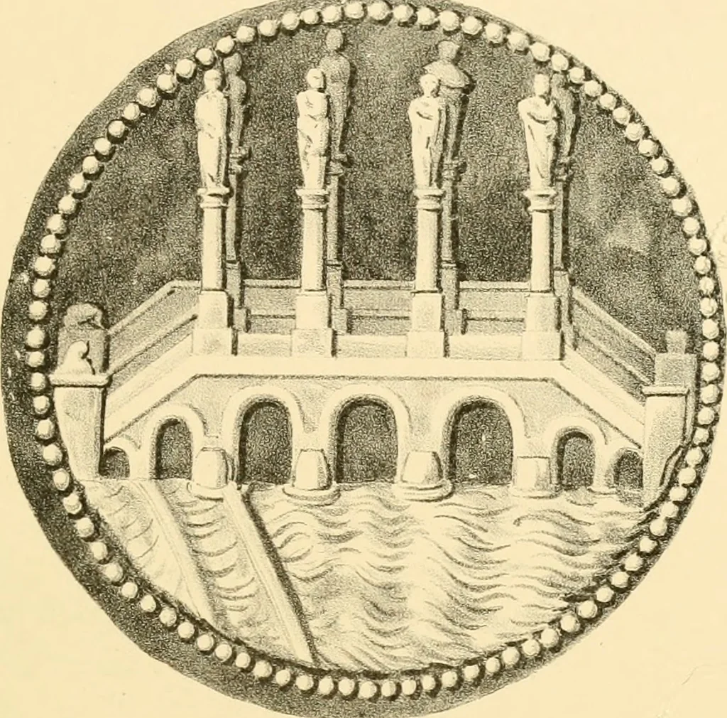 An illustration from Architectura numismatica; or, Architectural medals of classic antiquity: illustrated and explained by comparison with the monuments and the descriptions of ancient authors, and copious text. One hundred lithographs and woodcuts, 1859, leaf 354