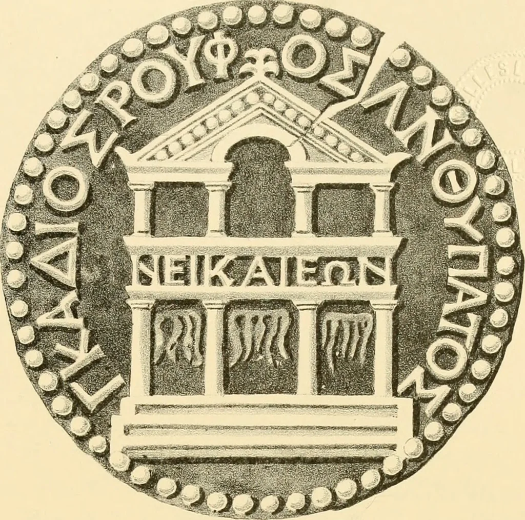An illustration from Architectura numismatica; or, Architectural medals of classic antiquity: illustrated and explained by comparison with the monuments and the descriptions of ancient authors, and copious text. One hundred lithographs and woodcuts, 1859, leaf 382