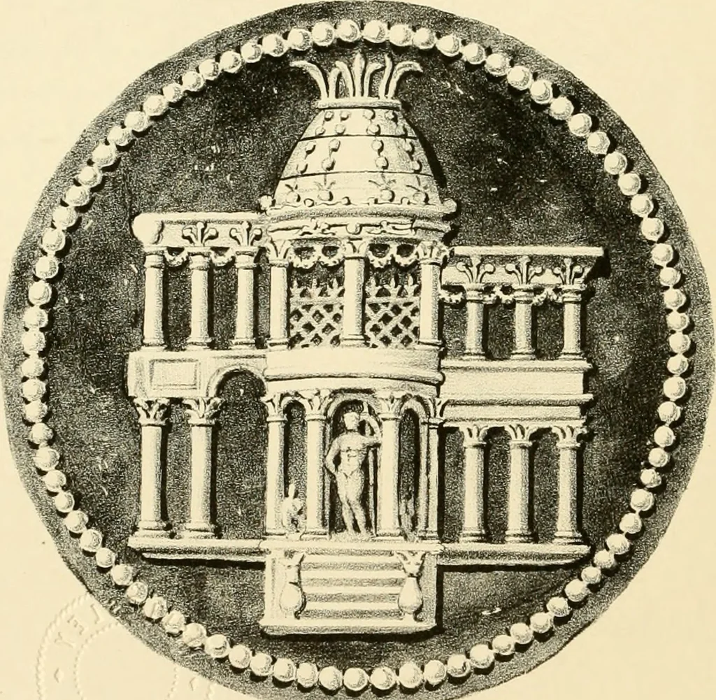 An illustration from Architectura numismatica; or, Architectural medals of classic antiquity: illustrated and explained by comparison with the monuments and the descriptions of ancient authors, and copious text. One hundred lithographs and woodcuts, 1859, leaf 387