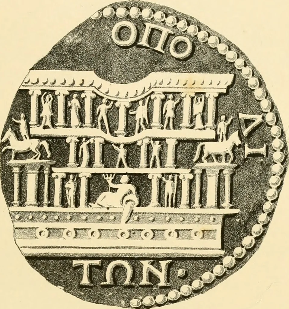 An illustration from Architectura numismatica; or, Architectural medals of classic antiquity: illustrated and explained by comparison with the monuments and the descriptions of ancient authors, and copious text. One hundred lithographs and woodcuts, 1859, leaf 416