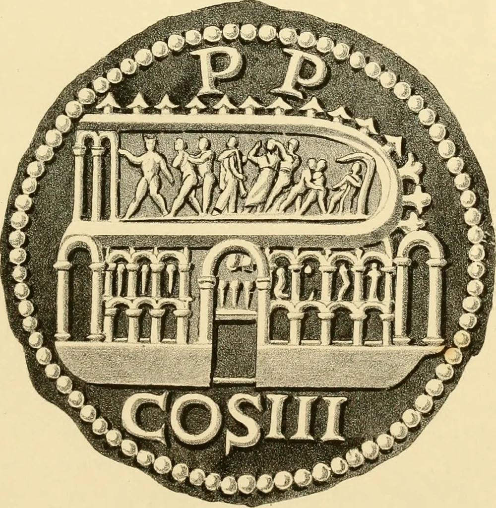 An illustration from Architectura numismatica; or, Architectural medals of classic antiquity: illustrated and explained by comparison with the monuments and the descriptions of ancient authors, and copious text. One hundred lithographs and woodcuts, 1859, leaf 416