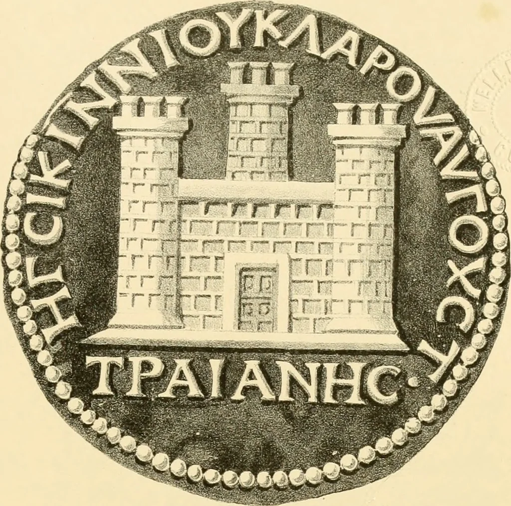 An illustration from Architectura numismatica; or, Architectural medals of classic antiquity: illustrated and explained by comparison with the monuments and the descriptions of ancient authors, and copious text. One hundred lithographs and woodcuts, 1859, leaf 454
