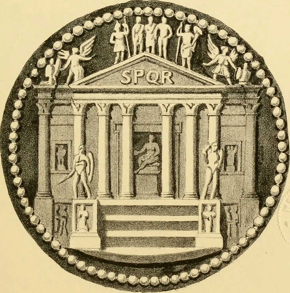 An illustration from Architectura numismatica; or, Architectural medals of classic antiquity: illustrated and explained by comparison with the monuments and the descriptions of ancient authors, and copious text. One hundred lithographs and woodcuts, 1859, leaf 56