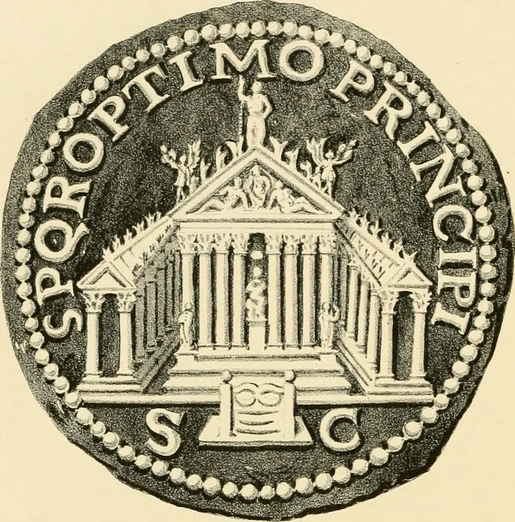 An illustration from Architectura numismatica; or, Architectural medals of classic antiquity: illustrated and explained by comparison with the monuments and the descriptions of ancient authors, and copious text. One hundred lithographs and woodcuts, 1859, leaf 81
