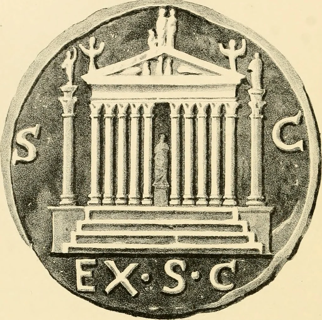 An illustration from Architectura numismatica; or, Architectural medals of classic antiquity: illustrated and explained by comparison with the monuments and the descriptions of ancient authors, and copious text. One hundred lithographs and woodcuts, 1859, leaf 87