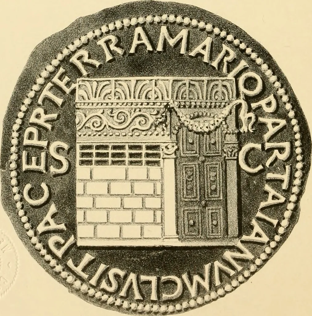 An illustration from Architectura numismatica; or, Architectural medals of classic antiquity: illustrated and explained by comparison with the monuments and the descriptions of ancient authors, and copious text. One hundred lithographs and woodcuts, 1859, leaf 97