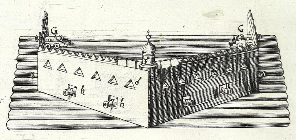 An illustration from Architectura vniversalis, das ist, Von Kriegs, Statt- vnd Wasser Gebäwen ... : auss eigener experientza vnd viel-Jähriger Observation zusamen getragen, beschreiben, vnd mit 60. Kupfferstucken vorgebildet vnd delinirt, 1635, leaf 240
