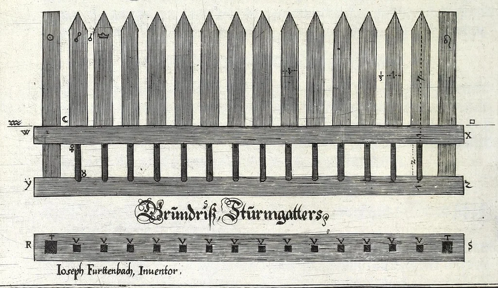 An illustration from Architectura vniversalis, das ist, Von Kriegs, Statt- vnd Wasser Gebäwen ... : auss eigener experientza vnd viel-Jähriger Observation zusamen getragen, beschreiben, vnd mit 60. Kupfferstucken vorgebildet vnd delinirt, 1635, leaf 84