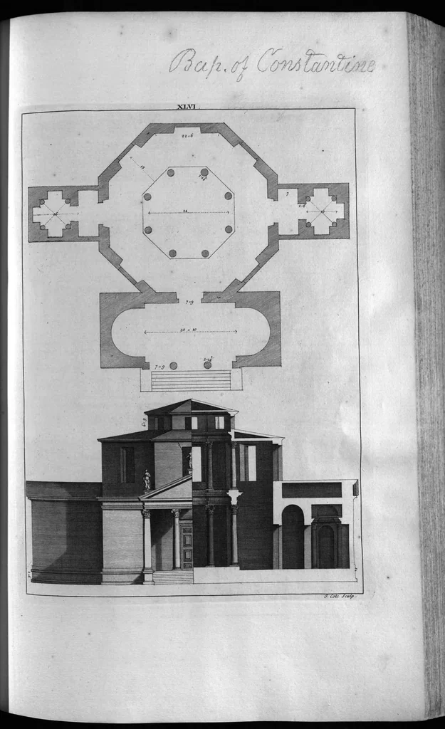 An illustration from The architecture of A. Palladio, in four books : containing, a short treatise of the five orders, and the most necessary observations concerning all sorts of building : as also the different construction of private and publick houses, high-ways, bridges, market-places, xystes, and temples, with their plans, sections, and uprights : to which are added several notes and observations made by Inigo Jones, never printed before, 1715, leaf 331
