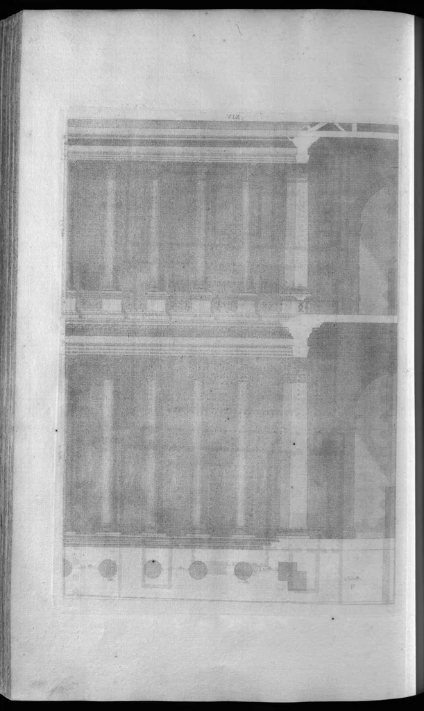 An illustration from The architecture of A. Palladio, in four books : containing, a short treatise of the five orders, and the most necessary observations concerning all sorts of building : as also the different construction of private and publick houses, high-ways, bridges, market-places, xystes, and temples, with their plans, sections, and uprights : to which are added several notes and observations made by Inigo Jones, never printed before, 1715, leaf 810