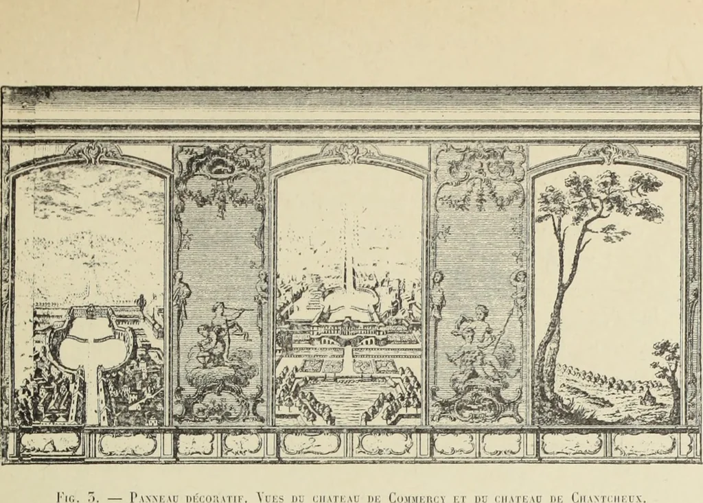 An illustration from Architecture, décoration et ameublement pendant le dix-huitième siècle, Régence - Louis XV. Symétrie et asymétrie proportions légères et courbes capricieuses, 1900, leaf 10
