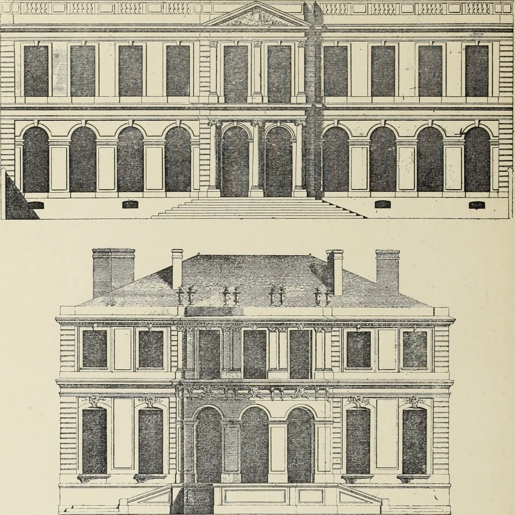 An illustration from Architecture, décoration et ameublement pendant le dix-huitième siècle, Régence - Louis XV. Symétrie et asymétrie proportions légères et courbes capricieuses, 1900, leaf 105
