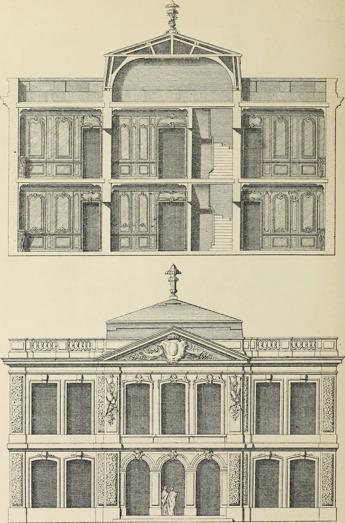 An illustration from Architecture, décoration et ameublement pendant le dix-huitième siècle, Régence - Louis XV. Symétrie et asymétrie proportions légères et courbes capricieuses, 1900, leaf 107