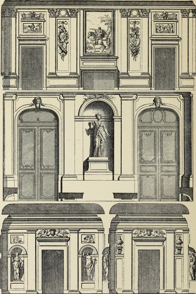 An illustration from Architecture, décoration et ameublement pendant le dix-huitième siècle, Régence - Louis XV. Symétrie et asymétrie proportions légères et courbes capricieuses, 1900, leaf 109