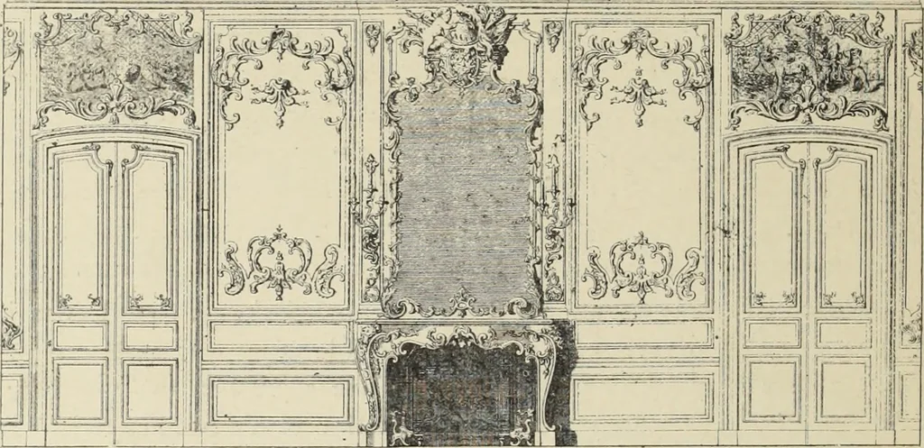 An illustration from Architecture, décoration et ameublement pendant le dix-huitième siècle, Régence - Louis XV. Symétrie et asymétrie proportions légères et courbes capricieuses, 1900, leaf 11