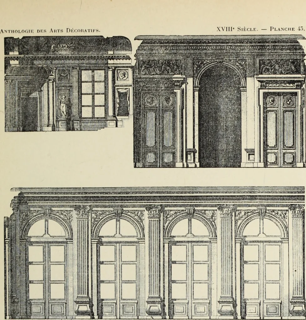 An illustration from Architecture, décoration et ameublement pendant le dix-huitième siècle, Régence - Louis XV. Symétrie et asymétrie proportions légères et courbes capricieuses, 1900, leaf 110