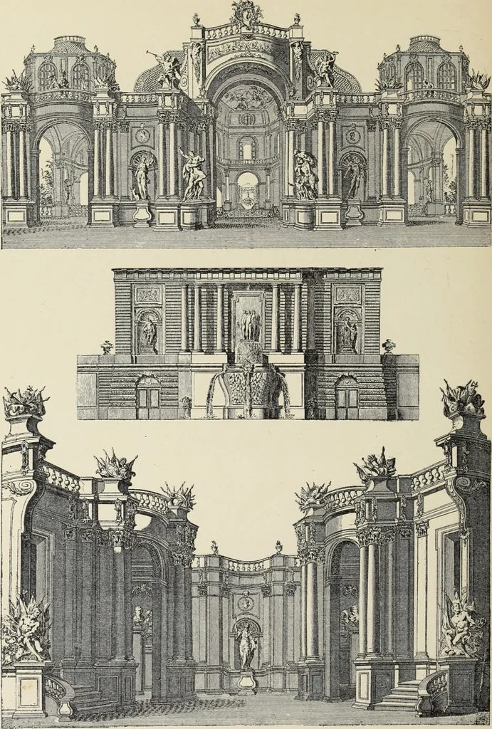An illustration from Architecture, décoration et ameublement pendant le dix-huitième siècle, Régence - Louis XV. Symétrie et asymétrie proportions légères et courbes capricieuses, 1900, leaf 111