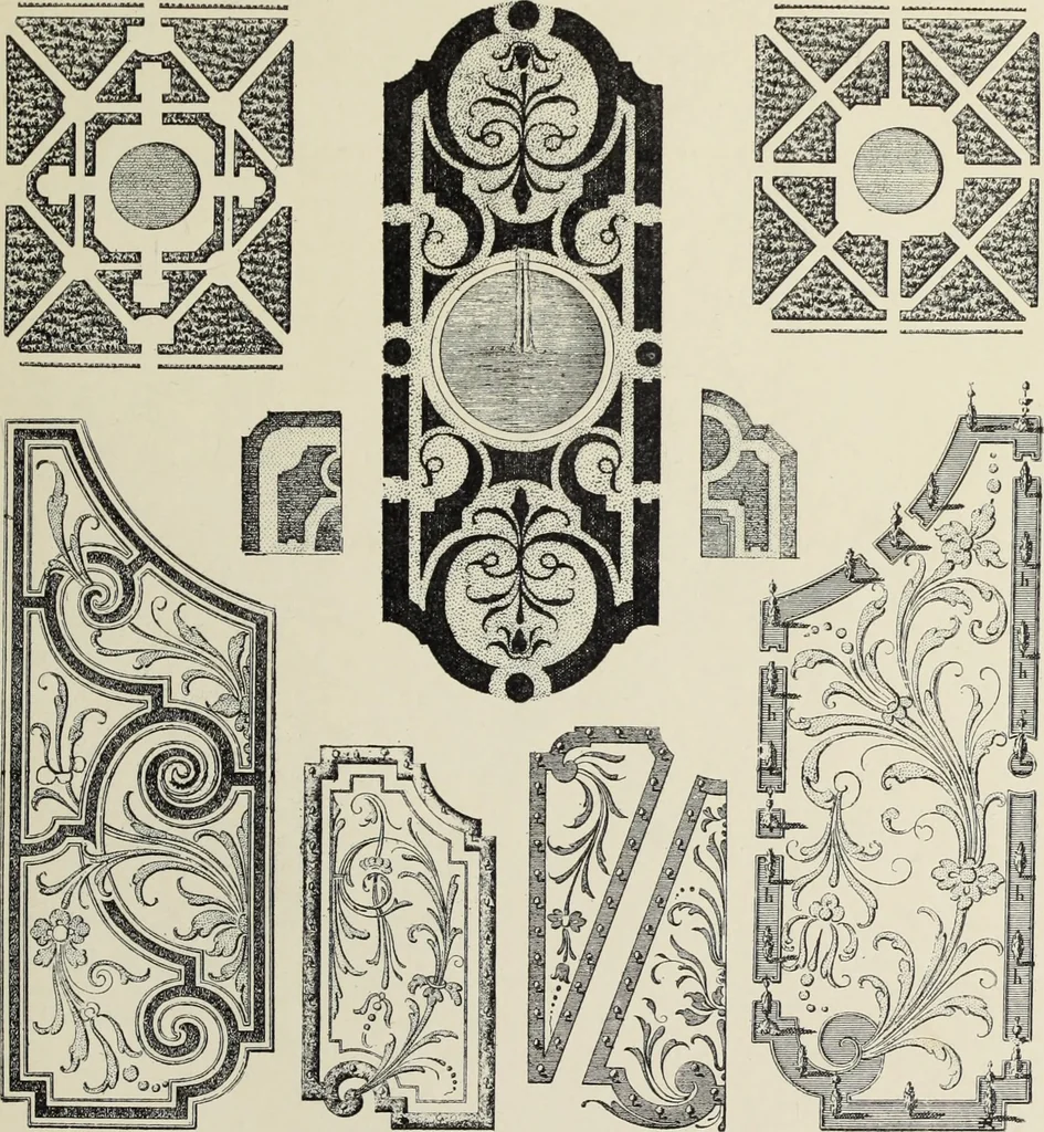 An illustration from Architecture, décoration et ameublement pendant le dix-huitième siècle, Régence - Louis XV. Symétrie et asymétrie proportions légères et courbes capricieuses, 1900, leaf 112