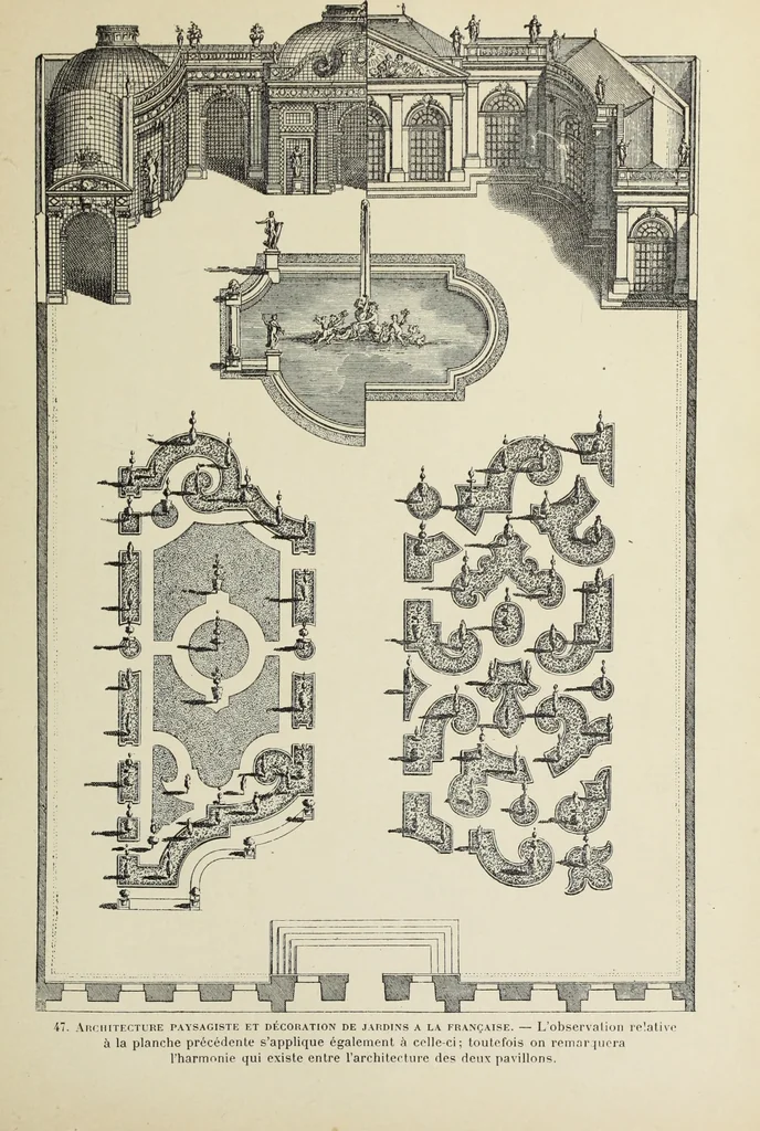 An illustration from Architecture, décoration et ameublement pendant le dix-huitième siècle, Régence - Louis XV. Symétrie et asymétrie proportions légères et courbes capricieuses, 1900, leaf 114