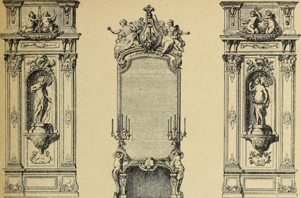 An illustration from Architecture, décoration et ameublement pendant le dix-huitième siècle, Régence - Louis XV. Symétrie et asymétrie proportions légères et courbes capricieuses, 1900, leaf 118