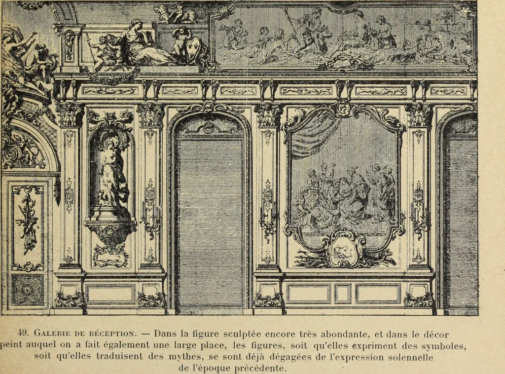 An illustration from Architecture, décoration et ameublement pendant le dix-huitième siècle, Régence - Louis XV. Symétrie et asymétrie proportions légères et courbes capricieuses, 1900, leaf 118