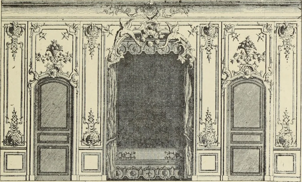 An illustration from Architecture, décoration et ameublement pendant le dix-huitième siècle, Régence - Louis XV. Symétrie et asymétrie proportions légères et courbes capricieuses, 1900, leaf 12