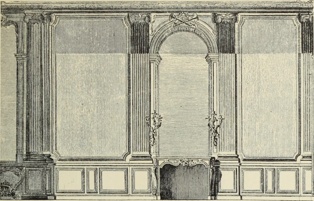 An illustration from Architecture, décoration et ameublement pendant le dix-huitième siècle, Régence - Louis XV. Symétrie et asymétrie proportions légères et courbes capricieuses, 1900, leaf 120
