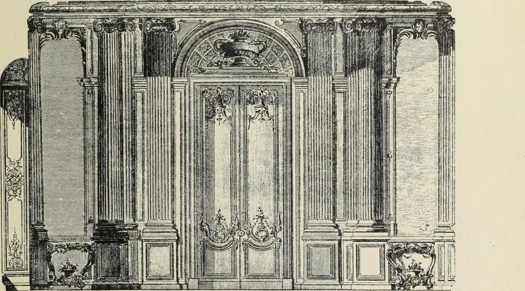 An illustration from Architecture, décoration et ameublement pendant le dix-huitième siècle, Régence - Louis XV. Symétrie et asymétrie proportions légères et courbes capricieuses, 1900, leaf 120