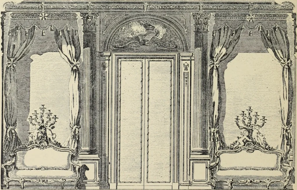An illustration from Architecture, décoration et ameublement pendant le dix-huitième siècle, Régence - Louis XV. Symétrie et asymétrie proportions légères et courbes capricieuses, 1900, leaf 121