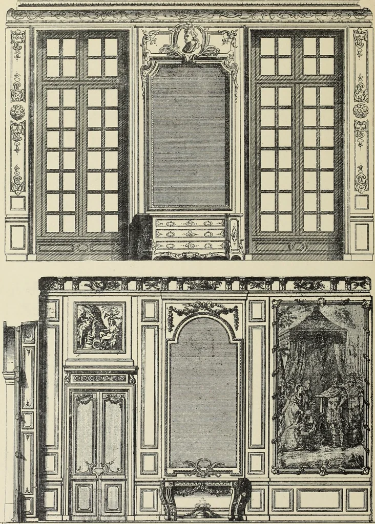 An illustration from Architecture, décoration et ameublement pendant le dix-huitième siècle, Régence - Louis XV. Symétrie et asymétrie proportions légères et courbes capricieuses, 1900, leaf 123