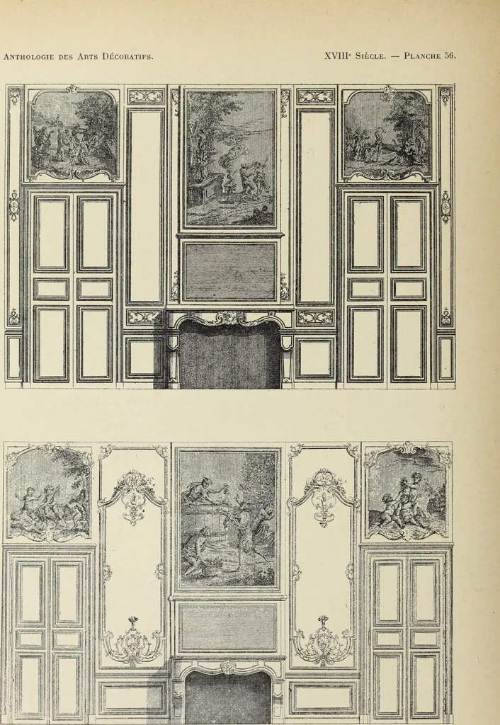 An illustration from Architecture, décoration et ameublement pendant le dix-huitième siècle, Régence - Louis XV. Symétrie et asymétrie proportions légères et courbes capricieuses, 1900, leaf 125