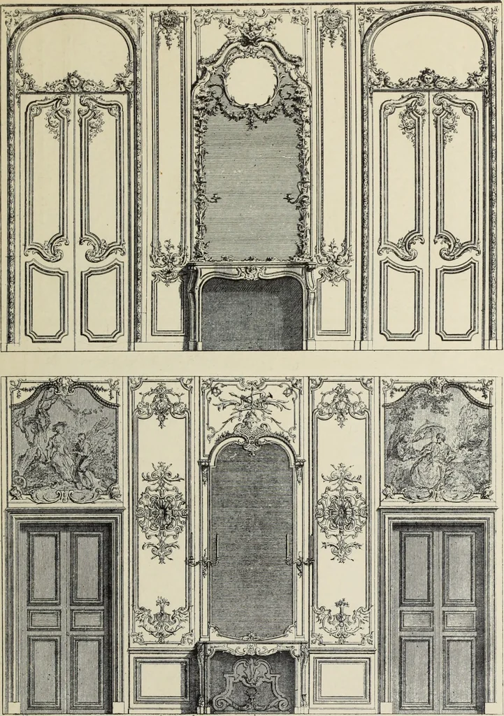 An illustration from Architecture, décoration et ameublement pendant le dix-huitième siècle, Régence - Louis XV. Symétrie et asymétrie proportions légères et courbes capricieuses, 1900, leaf 126