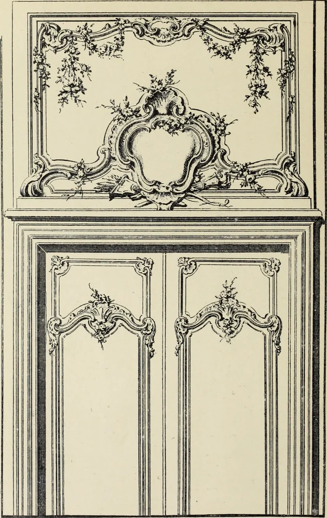 An illustration from Architecture, décoration et ameublement pendant le dix-huitième siècle, Régence - Louis XV. Symétrie et asymétrie proportions légères et courbes capricieuses, 1900, leaf 127