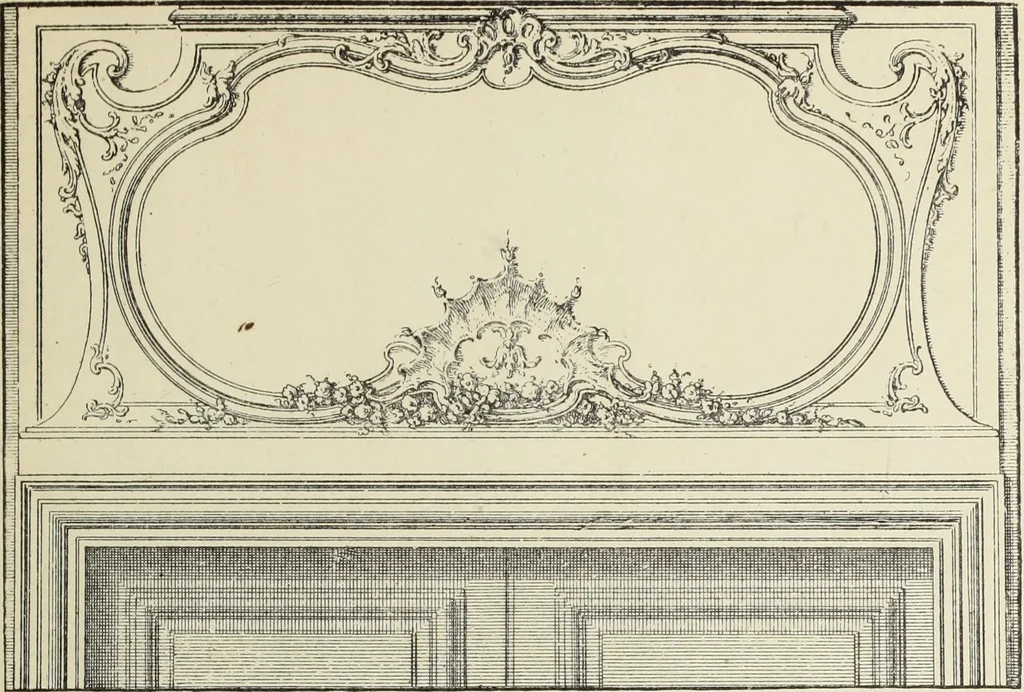 An illustration from Architecture, décoration et ameublement pendant le dix-huitième siècle, Régence - Louis XV. Symétrie et asymétrie proportions légères et courbes capricieuses, 1900, leaf 128