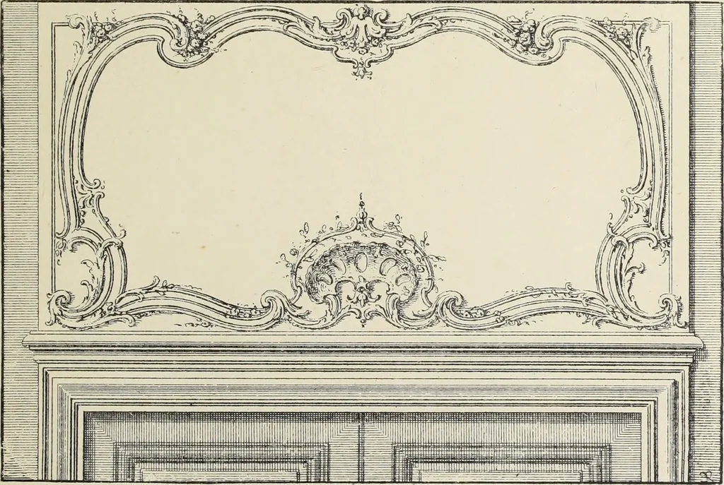 An illustration from Architecture, décoration et ameublement pendant le dix-huitième siècle, Régence - Louis XV. Symétrie et asymétrie proportions légères et courbes capricieuses, 1900, leaf 128