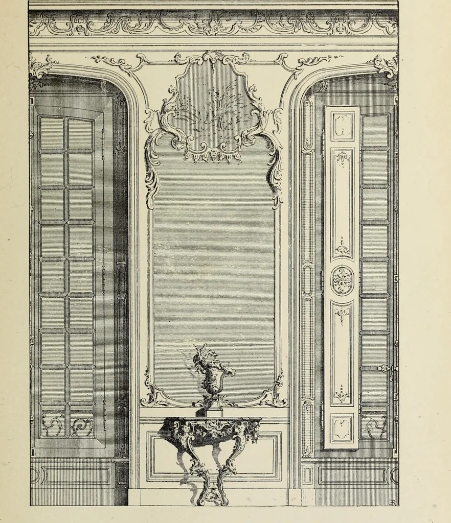 An illustration from Architecture, décoration et ameublement pendant le dix-huitième siècle, Régence - Louis XV. Symétrie et asymétrie proportions légères et courbes capricieuses, 1900, leaf 132