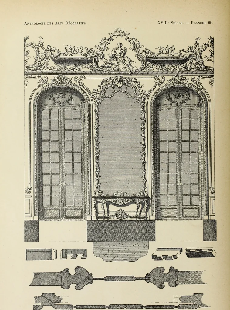 An illustration from Architecture, décoration et ameublement pendant le dix-huitième siècle, Régence - Louis XV. Symétrie et asymétrie proportions légères et courbes capricieuses, 1900, leaf 135