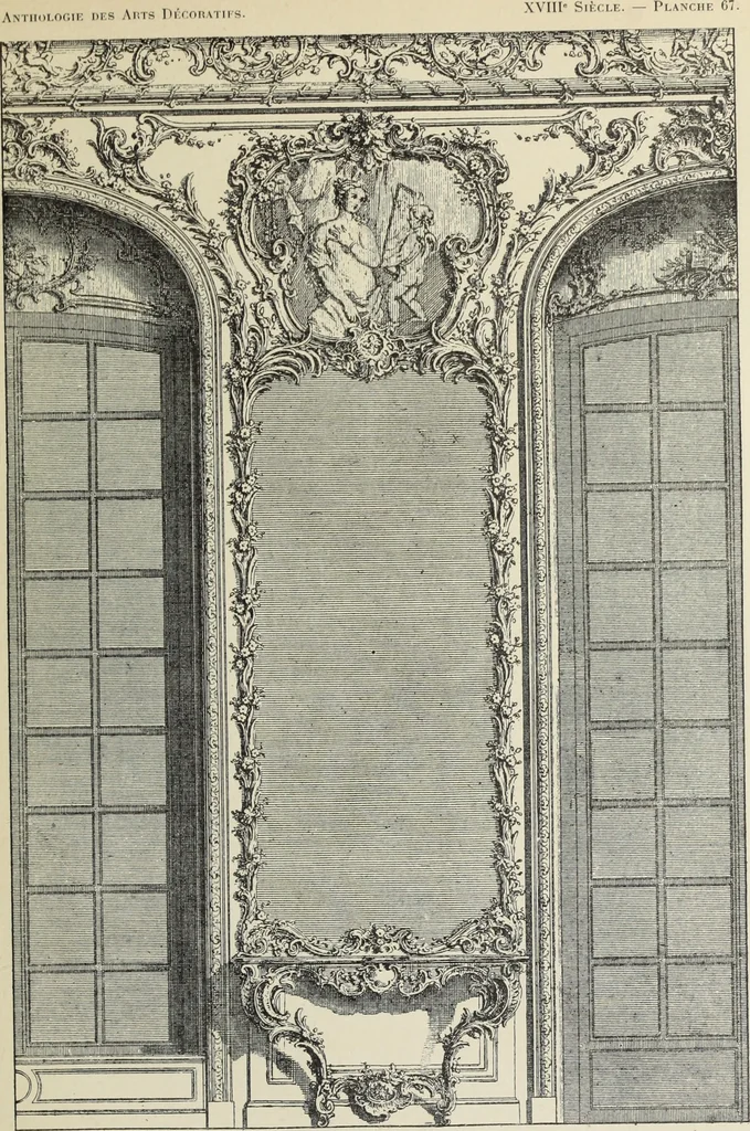 An illustration from Architecture, décoration et ameublement pendant le dix-huitième siècle, Régence - Louis XV. Symétrie et asymétrie proportions légères et courbes capricieuses, 1900, leaf 136