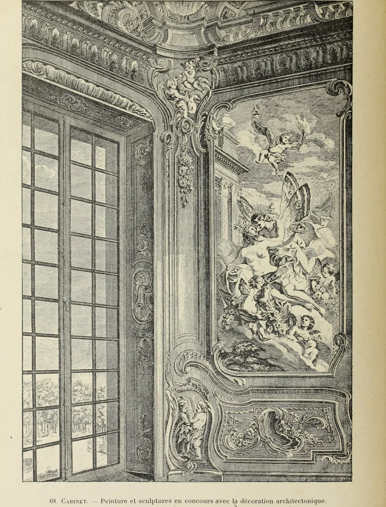 An illustration from Architecture, décoration et ameublement pendant le dix-huitième siècle, Régence - Louis XV. Symétrie et asymétrie proportions légères et courbes capricieuses, 1900, leaf 137